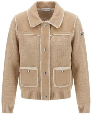 Moncler Quilted-Panel Knitted Cardigan - Natural