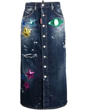 DSquared² Distressed Patch-Detail Denim Skirt - Blue