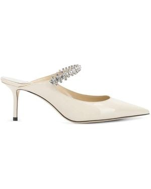 Jimmy Choo Bing 65 Linen Patent-Leather Mules With Crystal Strap - White
