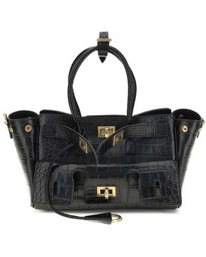 Balenciaga Crocodile-Effect Top-Handle Shoulder Bag - Black