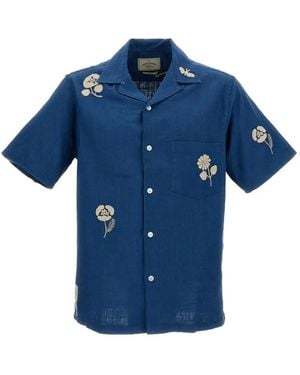 Portuguese Flannel Floral-Embroidered Camp-Collar Shirt - Blue
