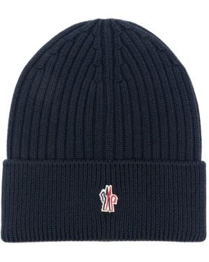 Moncler Logo-Patch Ribbed-Knit Beanie Hat - Blue