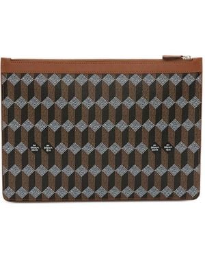 AU DEPART Geometric-Print Leather-Trim Clutch Bag - Grey