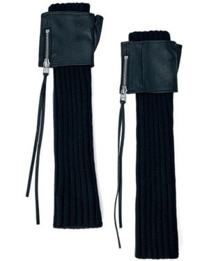 Yohji Yamamoto Ribbed-Knit Leather-Cuff Arm Warmers - Blue