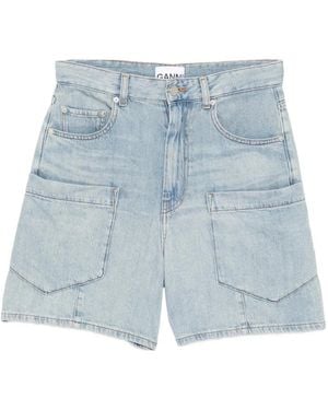Ganni Patch-Pocket Denim Shorts - Blue