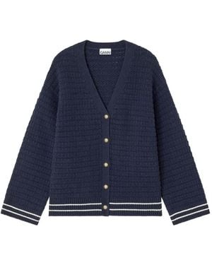 Ganni Stripe-Trim Textured-Knit Cardigan - Blue
