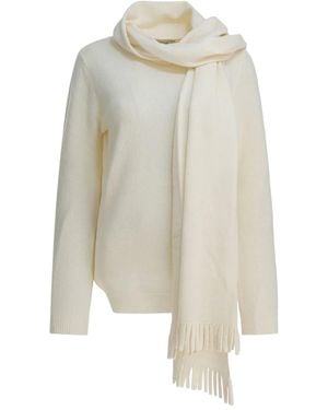 Sandbeige Fringed Scarf-Detail Jumper - White
