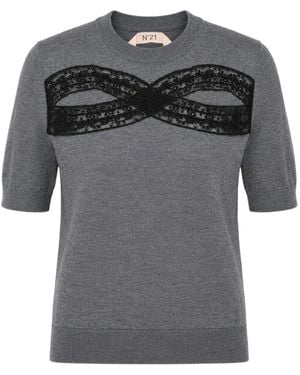 N°21 Lace-Trim Crew-Neck T-Shirt - Grey