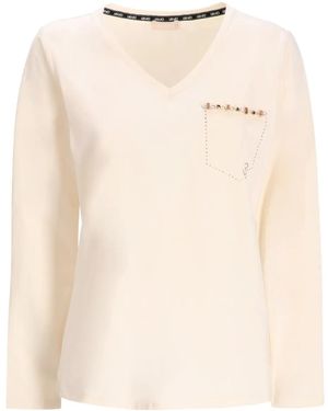 Liu Jo Embellished V-Neck Long-Sleeved T-Shirt - Natural