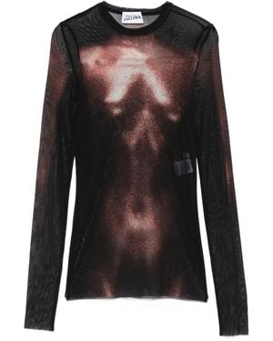 Jean Paul Gaultier Mesh Crew Neck Top With Long Sleeves Printed Body Dust - Black