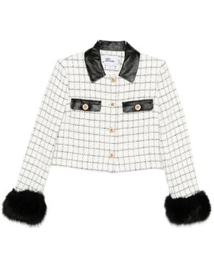 Self-Portrait Checked Faux-Fur Cuff Jacket - White
