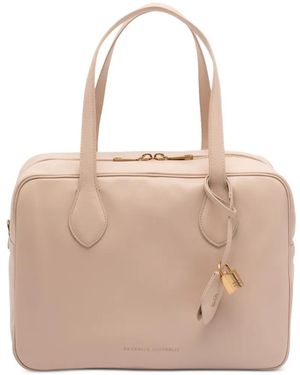 Brunello Cucinelli ロゴプリント レザー ハンドバッグ - ナチュラル