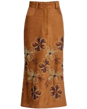 Silvia Tcherassi Layan Floral-Embroidered Midi Skirt - Brown