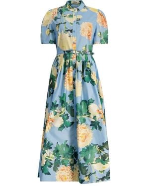 LEO LIN Bianca Puff-sleeve Floral Print Midi Dress - ブルー