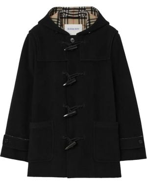 Burberry Hooded Check Wool Duffle Coat - Black