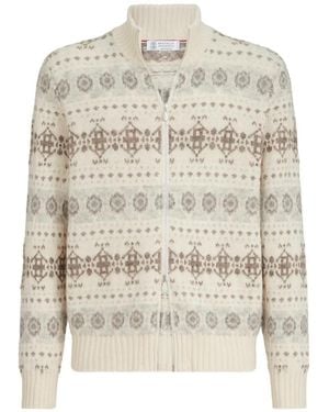 Brunello Cucinelli Cardigan En Jacquard Et Cachemire À Col Montant - White