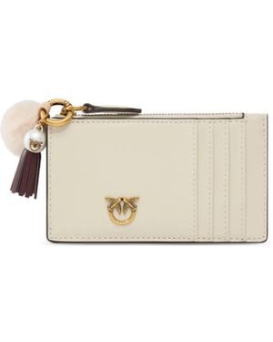 Pinko Leather Card Holder With Tassel And Pompom - Natural