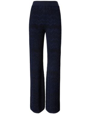 Missoni Viscose And Wool Blend Knit Straight Pants With Tone-On-Tone Zig Zag Pattern - Blue
