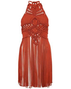 Alberta Ferretti Macramé Fringe Mini Dress - Red