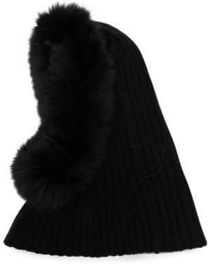 Yves Salomon Fur-Trim Ribbed Balaclava - Black