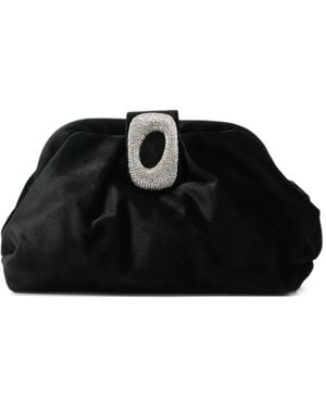 Twentyfourhaitch Crystal-Buckle Velvet Clutch Bag - Black