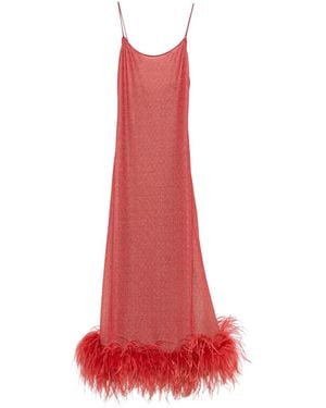Oséree Robe Longue Lumière Plumage Bordée De Plumes - Red
