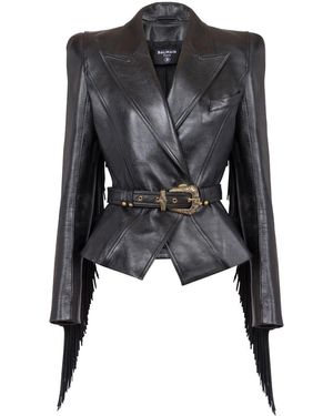Balmain レザーベルテッドジャケット - ブラック