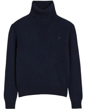 Ami Paris Cashmere-Wool Blend Jumper With Signature Monogram Motif - Blue