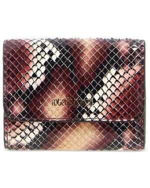 Roberto Cavalli Small Snakeskin-Print Logo-Lettering Wallet - Red