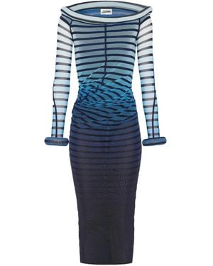 Jean Paul Gaultier Elegant Mesh Boat Neck Long Dress With 3D Collar And Cuff - Blue
