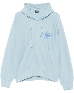 Stussy Garment-Dyed Logo-Print Zip-Up Hoodie - Blue
