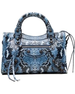 Balenciaga Mini City Snakeskin-Effect Tote Bag - Blue