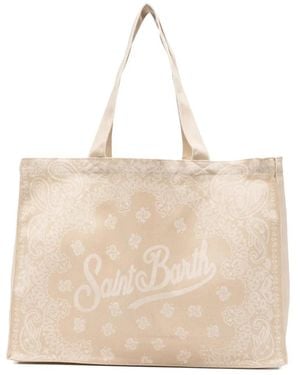 MC2 Saint Barth Essential Paisley-Print Logo-Script Beach Bag - Natural