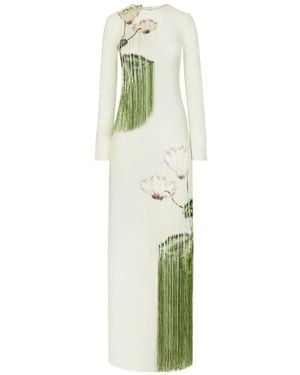 Oscar de la Renta Threadwork Fringed Caftan Maxi Dress - Green