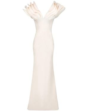 Gaby Charbachy Ruffled V-Neck Gown - White