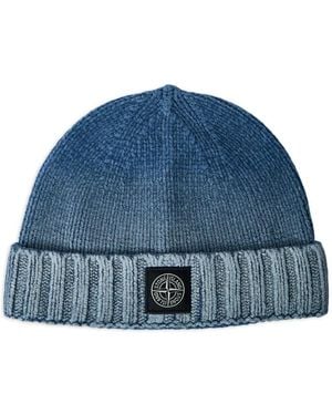 Stone Island Ribbed Logo-Patch Beanie Hat - Blue
