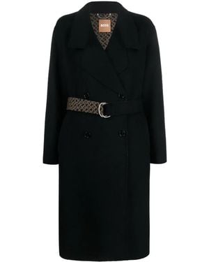 BOSS Monogram-Jacquard Belt Wool-Blend Coat - Black