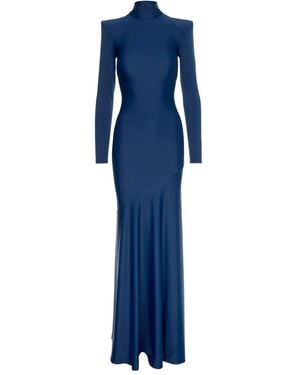 V:PM ATELIER Irma High-Neck Padded-Shoulder Maxi Dress - Blue