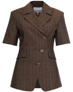 Ganni Pinstripe Short-Sleeve Blazer - Brown