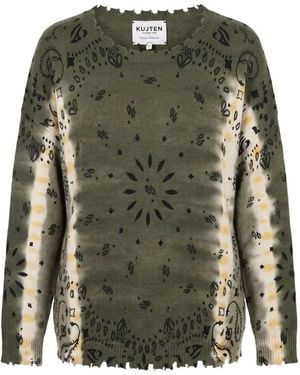 Kujten Mela Bandana-Print Distressed Jumper - Green