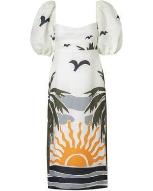 Cala De La Cruz Timbiqui Puff-Sleeve Printed Midi Dress - White