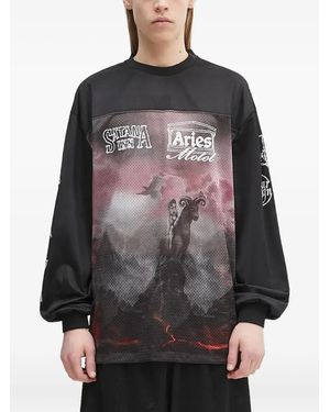 Aries Mesh-Panel Graphic Long-Sleeve T-Shirt - Gray