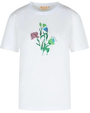 Marni Floral-Embroidered Crewneck T-Shirt - White