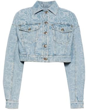 Just Cavalli Logo-Jacquard Cropped Denim Jacket - Blue