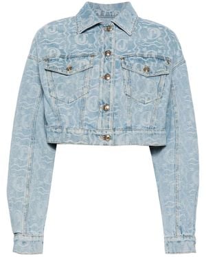 Just Cavalli Logo-Jacquard Cropped Denim Jacket - Blue