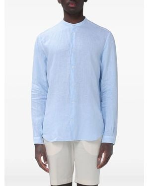 Brooksfield Band-Collar Linen Shirt - Blue