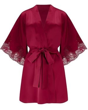 Fleur Of England Lace-Trimmed Silk Robe - Red