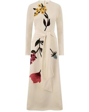 Lela Rose Floral-Embroidered Tie-Waist Midi Dress - Natural