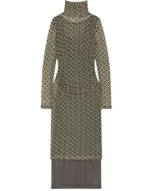 Dries Van Noten Printed Mesh Turtleneck Dress - Green