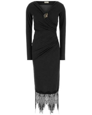 Blumarine Lace-Trim Ruched Midi Dress - Black